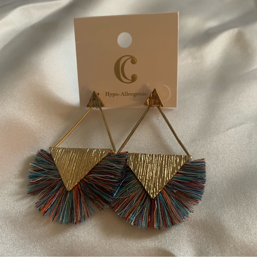 NWT Charming Charlie gold triangle fringe detail festival boho